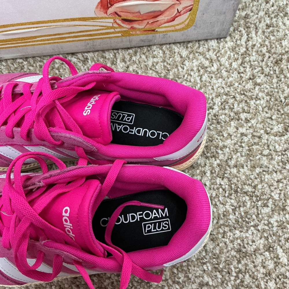 adidas Hot Pink Suede Sneakers with White Stripes - Picture 2 of 10